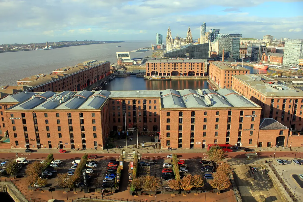 The Albert Dock from above with the River Mersey behind