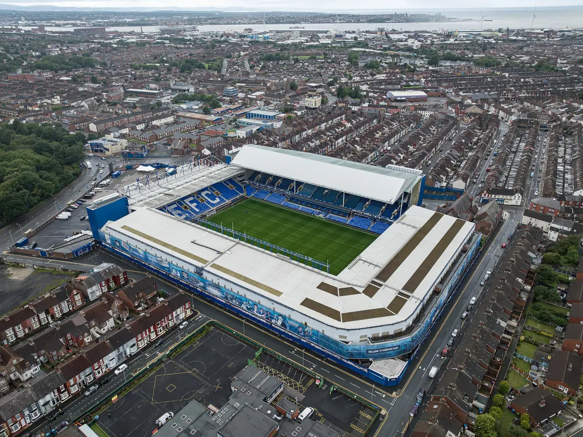 Aerial view of Goodison Park and the surrounding streets
