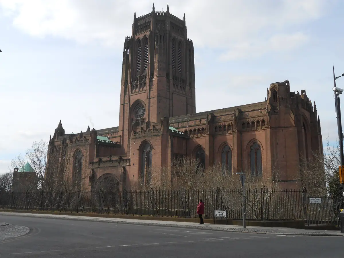 Liverpool Cathedral's red sandstone tower seen from Hope Street
