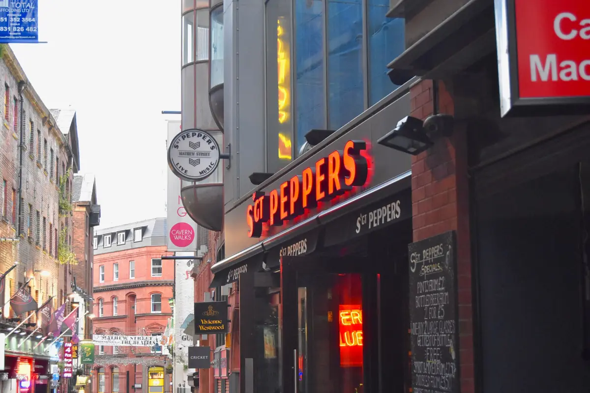 Pubs and music bars on Mathew Street in Liverpool